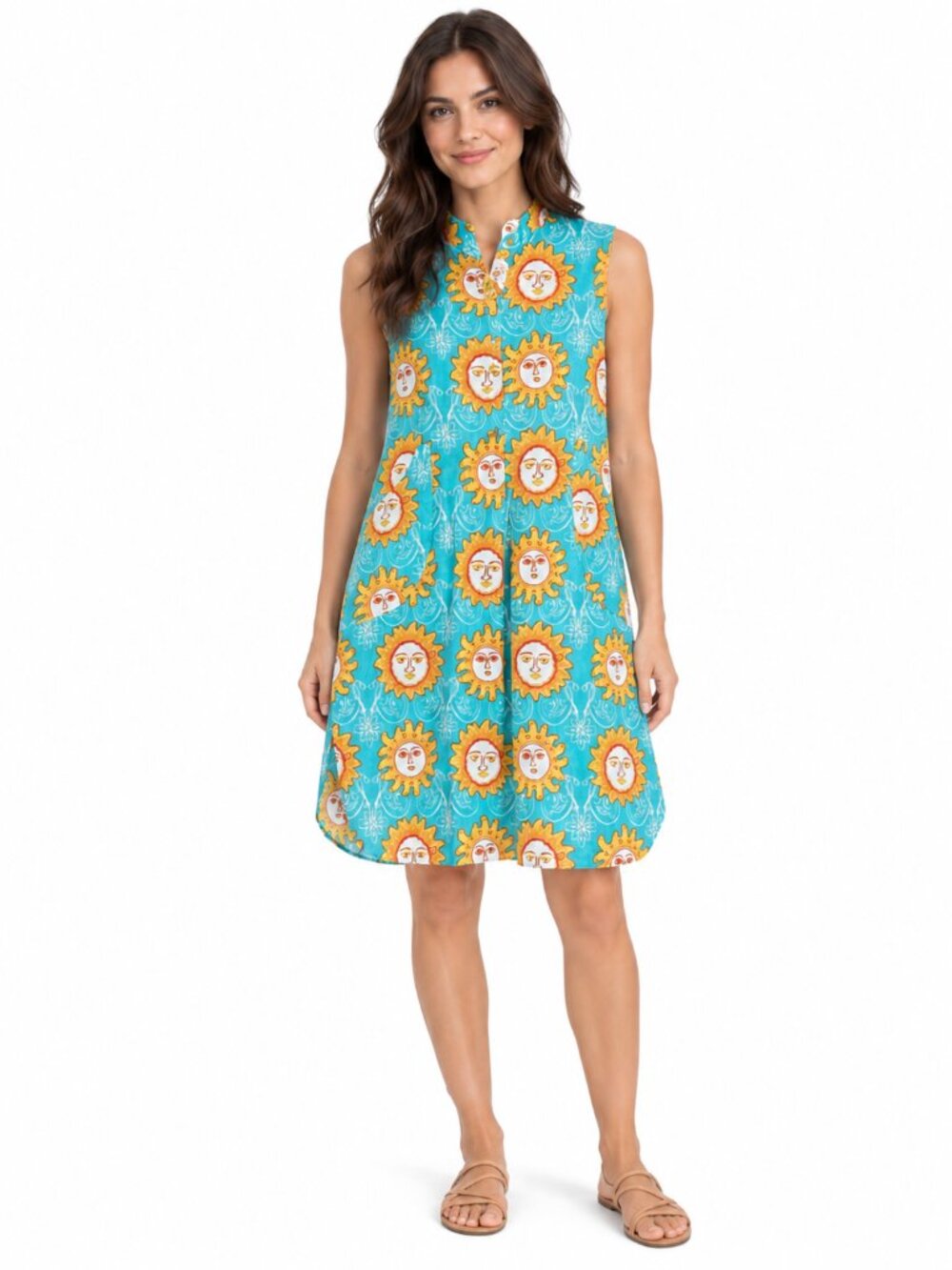 MODA POSA Sunface Tunic Dress Teal Yellow Cotton Mock Neck 3-Button Size M/L